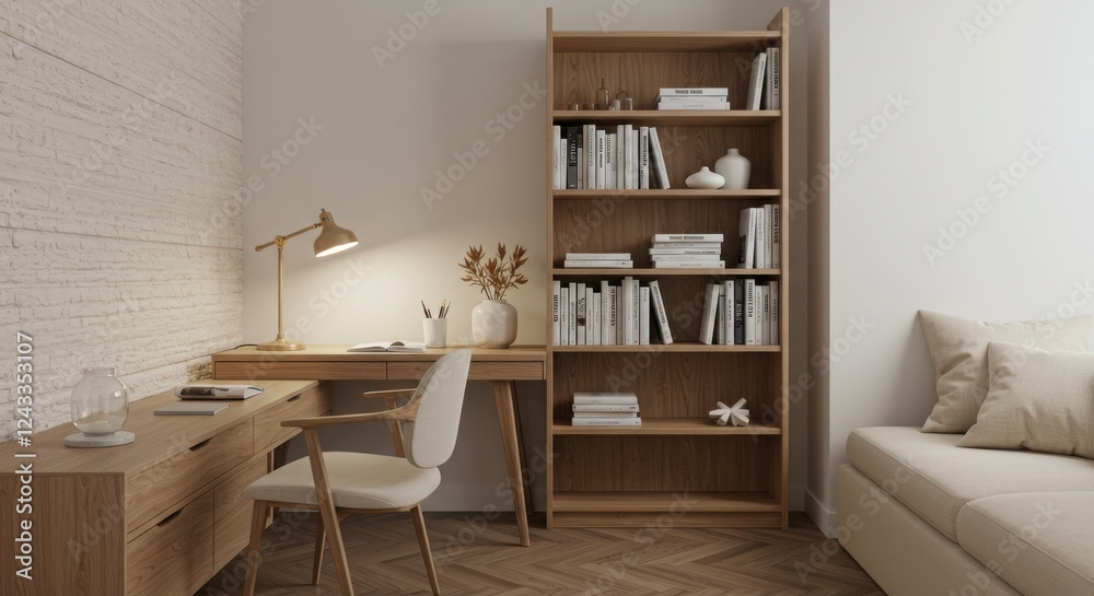 Interior design, minimalist bookshelf, wooden desk, white wall, cozy reading nook, table lamp, decorative vase, neutral color palette, organized books