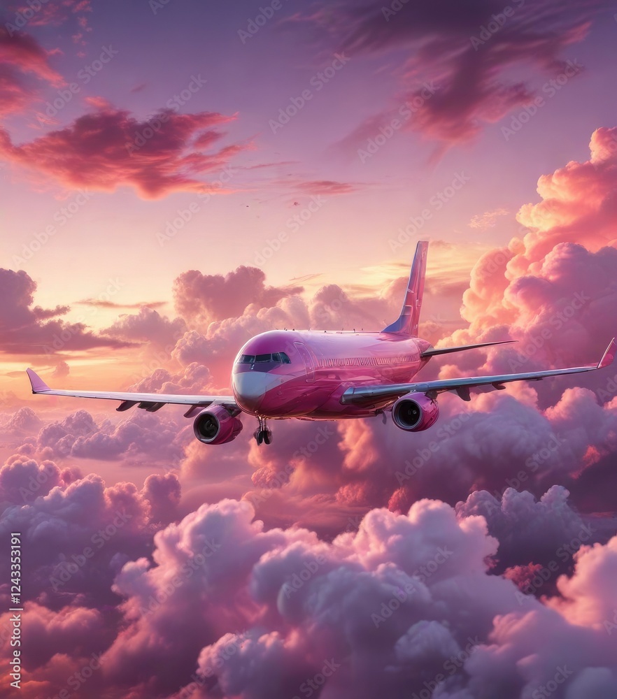 Obraz premium Pink cloud layer envelops plane as it lands at sunset, sunset, flight