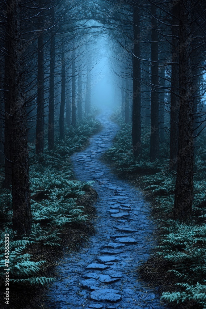 Fototapeta premium Stone path through a misty dark forest at night