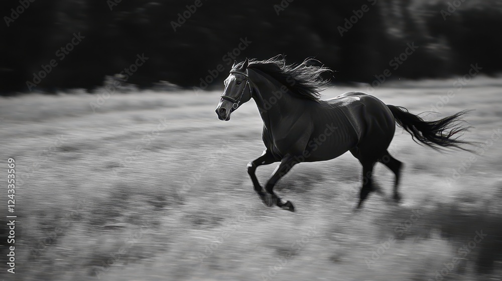 Obraz premium A majestic horse gallops freely across a lush, green field, showcasing its grace and power amidst the vibrant grass.