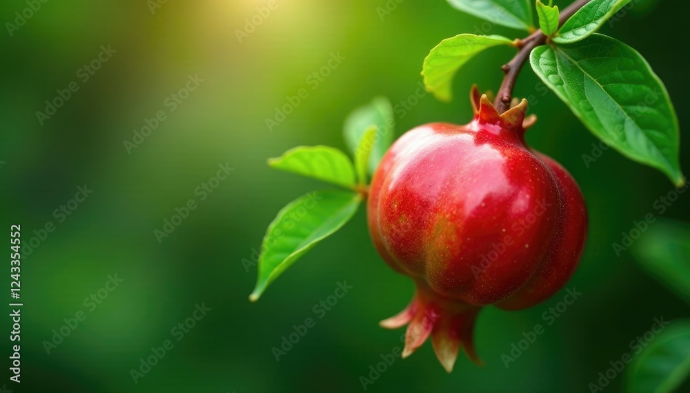 Pomegranate tree with red orange flower sprouting from trunk, greenery, sapling Pomegranate tree with red orange flower sprouting from trunk, greenery, sapling