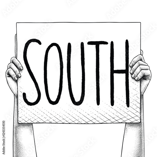 Hand raising a sign that says South