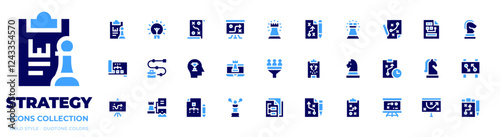 Strategy icon collection. Bold style. Duotone colors. strategy, businessstrategy, contentstrategy, filter, documentation, creative, plan, training, diagram, milestone photo