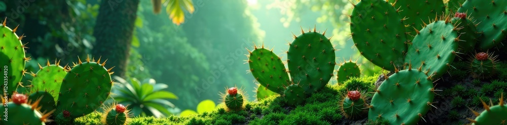 Prickly big green tropical cacti in a lush forest, cactus, tropical Prickly big green tropical cacti in a lush forest, cactus, tropical