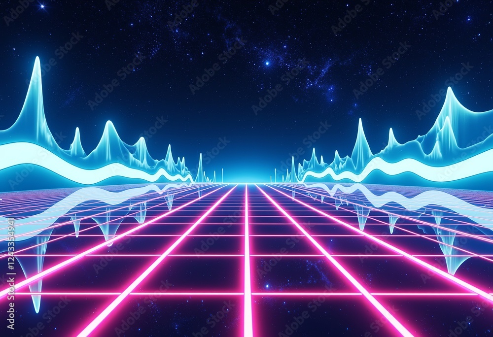 Retro 80s Arcade Space Grid: White Light Streaks, Sci-Fi Gaming Background, Vintage Neon Glow Effect
Retro 80s Arcade Space Grid: White Light Streaks, Sci-Fi Gaming Background, Vintage Neon Glow Effect