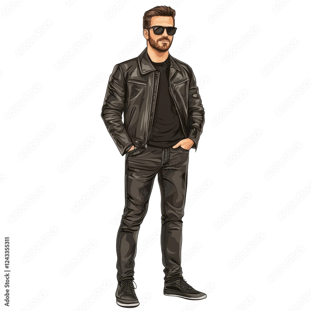 Stylish Young Man in Black Leather Jacket and Sunglasses Posing Stylish Young Man in Black Leather Jacket and Sunglasses Posing