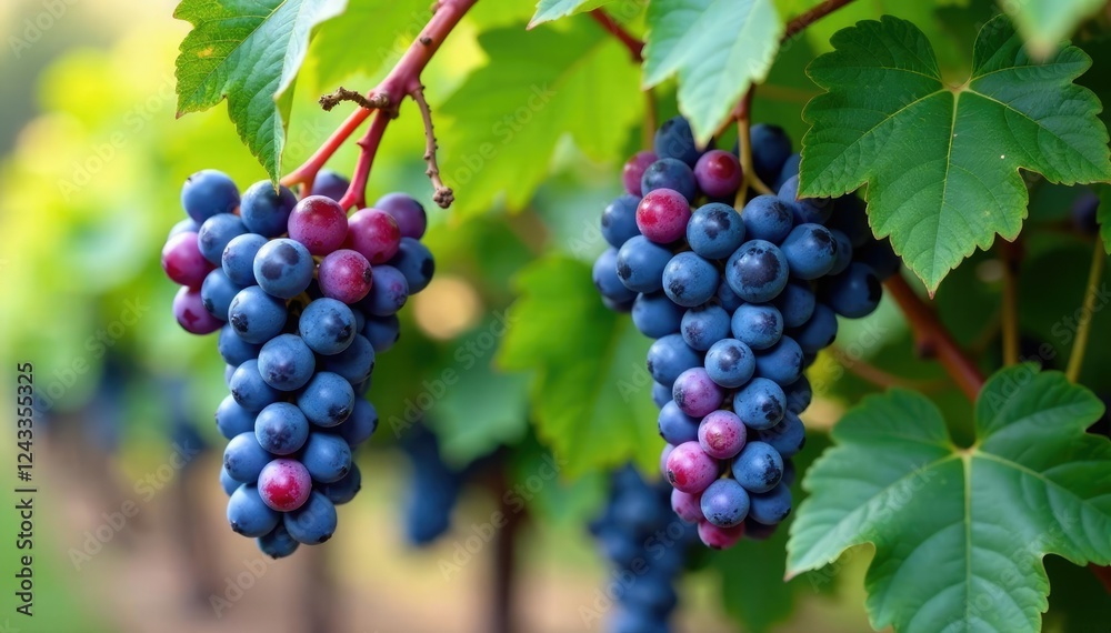 Purple clusters of grapes and leaves on the vine, purple, foliage Purple clusters of grapes and leaves on the vine, purple, foliage