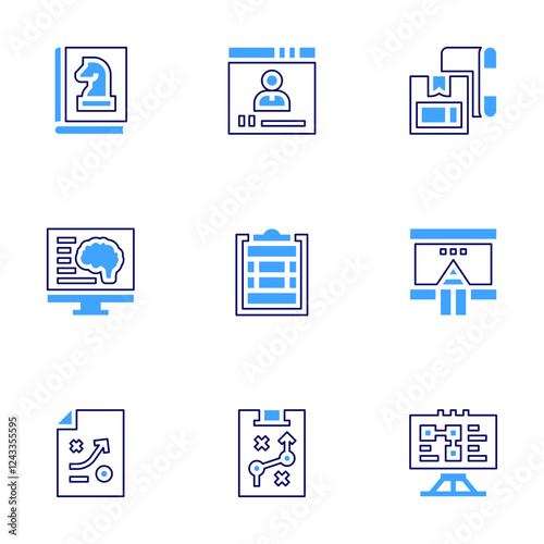 Strategy icon set. Bold line style. Duotone colors. Editable stroke. strategy, neuromarketing, productionstrategies, whiteboard, videoconference