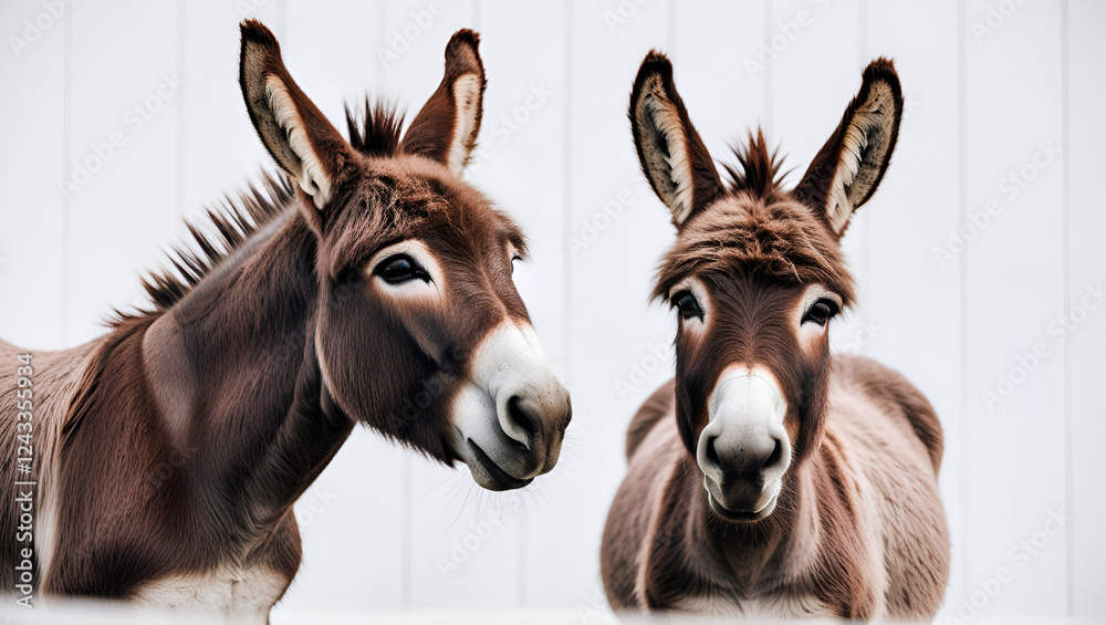 A beautiful and the brown color donkeys on the white background 