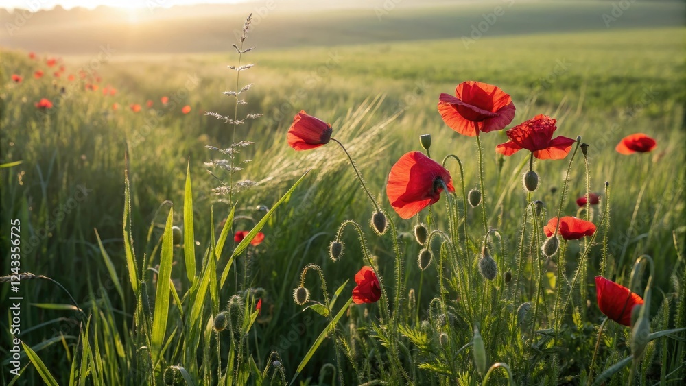 Fototapeta premium Red poppies stand tall among a carpet of soft green grass as the warm summer sun shines down on the lush meadow, garden, summer meadow, red poppies, green grass