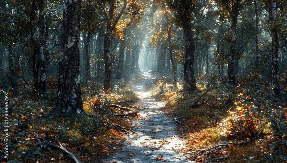 Fototapeta premium Sunlit Path Through Autumnal Forest Trees