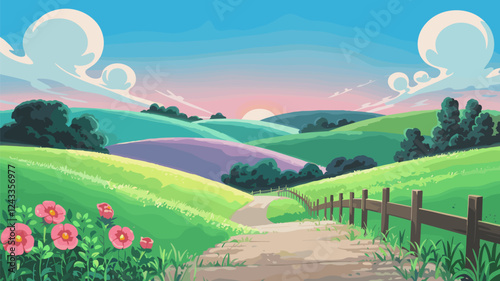 Rolling Hills Path Sunset Landscape