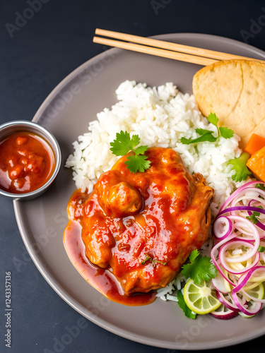 chicken mandy rice set with spicy sauce and salad on dark background photo