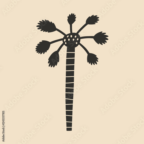 Single Palm Tree Coconut Funky Silhouette. Tropical Jungle Coco Plant. Vector Minimalist Illustration