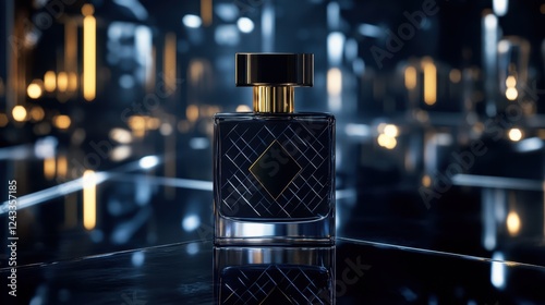 A refined perfume bottle rests elegantly on a table, complemented by a mirror that enhances its sophisticated allure in the background.