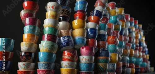 Wallpaper Mural Tower of colorful porcelain cups stacked on top of each other against a dark background, decorative tableware, stacked cups, ceramic cup tower Torontodigital.ca