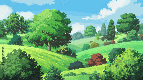 Green Hills with Trees and Bushes