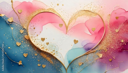 A pastel greeting card with an abstract watercolor wash and tiny golden heart details.