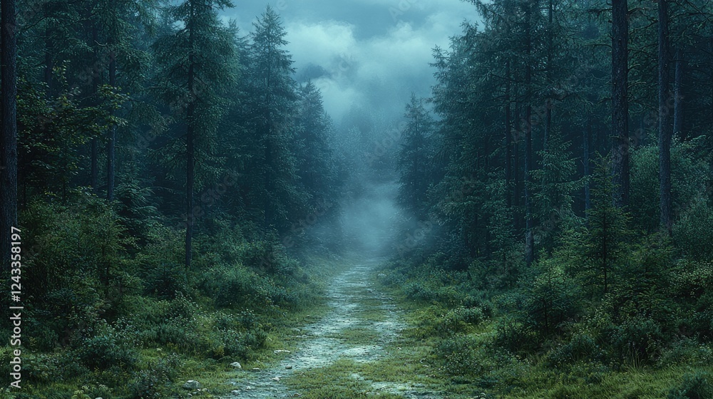 Obraz premium Misty Forest Path Enveloped In Deep Green Trees