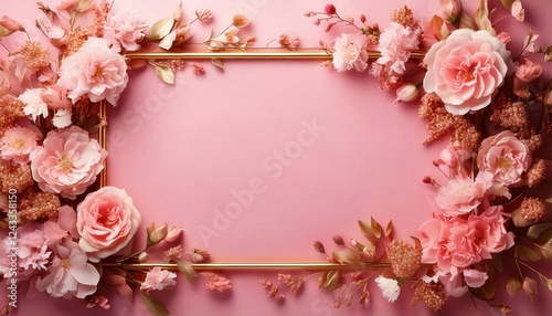 A pastel pink background with a delicate rose gold flower frame surrounding a blank space.