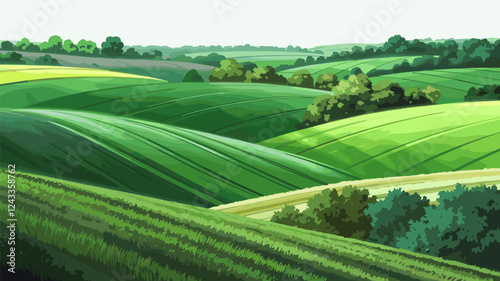 Rolling Green Hills Landscape with Trees