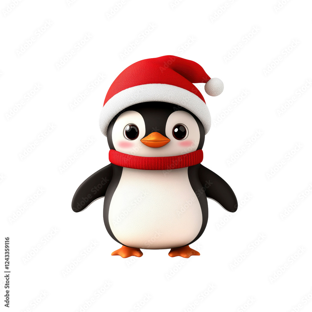 Fototapeta premium Adorable Christmas Penguin in Santa Hat and Scarf - 3D Render