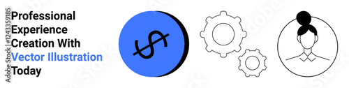 Dollar symbol in blue circle, two monochrome gears, professional avatar with bun hairstyle. Ideal for finance, teamwork, business services, innovation, management, professionalism flat landing page