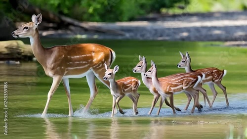 Doe and fawns crossing shallow water, nature wildlife, motherly love