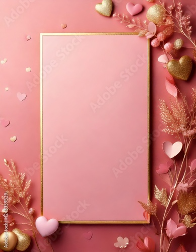 A pastel pink greeting card with a thin rose gold double border and copy space