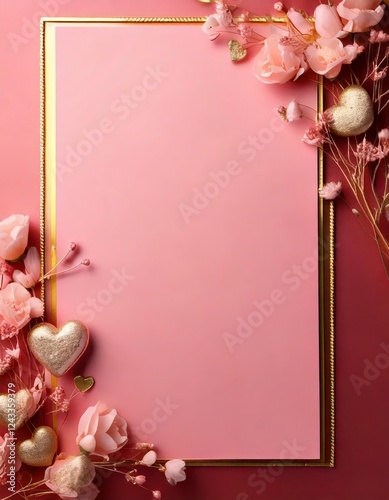 A pastel pink greeting card with a thin rose gold double border and copy space