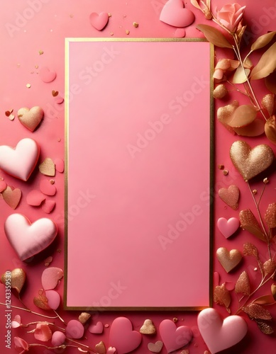 A pastel pink greeting card with a thin rose gold double border and copy space