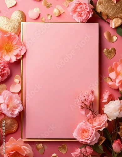 A pastel pink greeting card with a thin rose gold double border and copy space