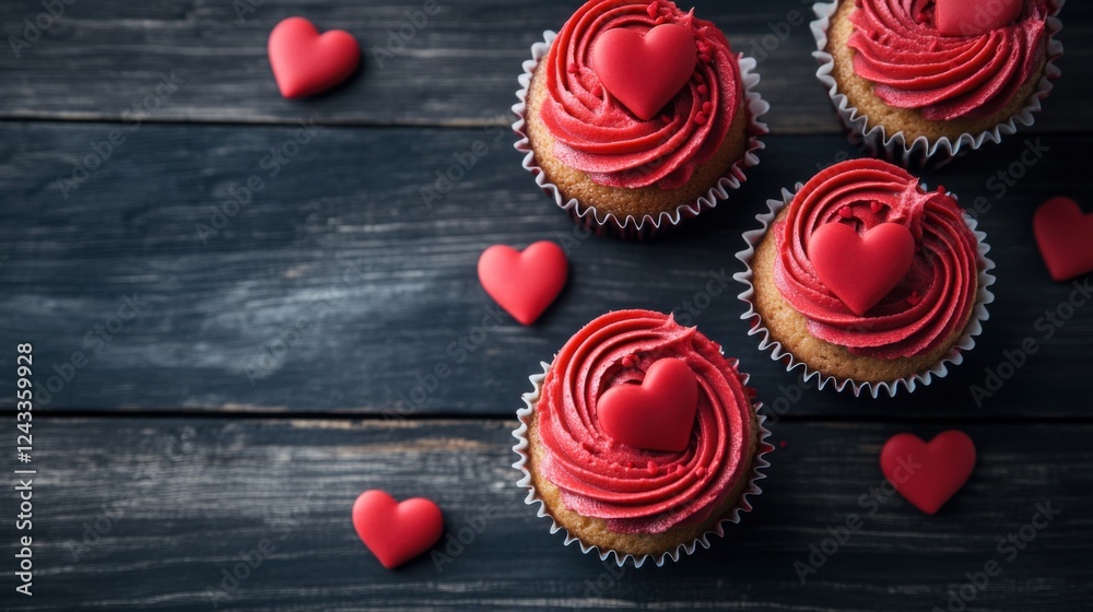 Obraz premium A Trio of Exquisitely Crafted Red Velvet Cupcakes, Adorned with Delicate Heart-Shaped Garnishes and Lavish Swirls of Creamy Frosting, Elegantly Presented on a Rustic Wooden Tabletop, Evoking a Sense o
