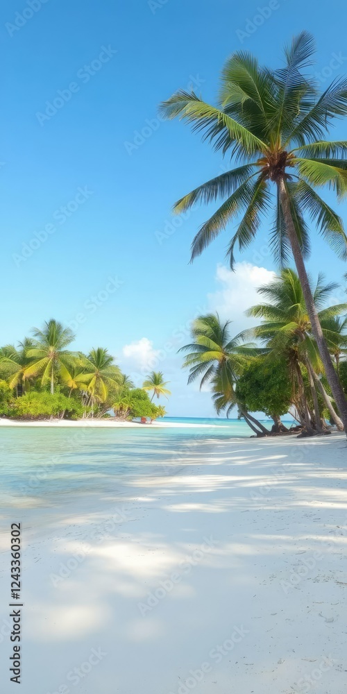 Fototapeta premium Sandy beach with palm trees on a tropical island, turquoise sea in the background, travel, sun, ocean