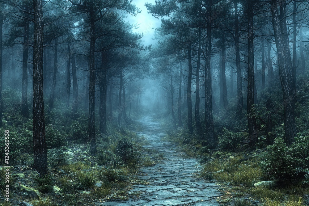 Obraz premium Misty Forest Path Stone Road Through Trees