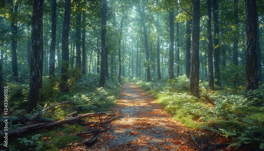 Obraz premium Sunlit Forest Path Autumn Leaves Morning Mist