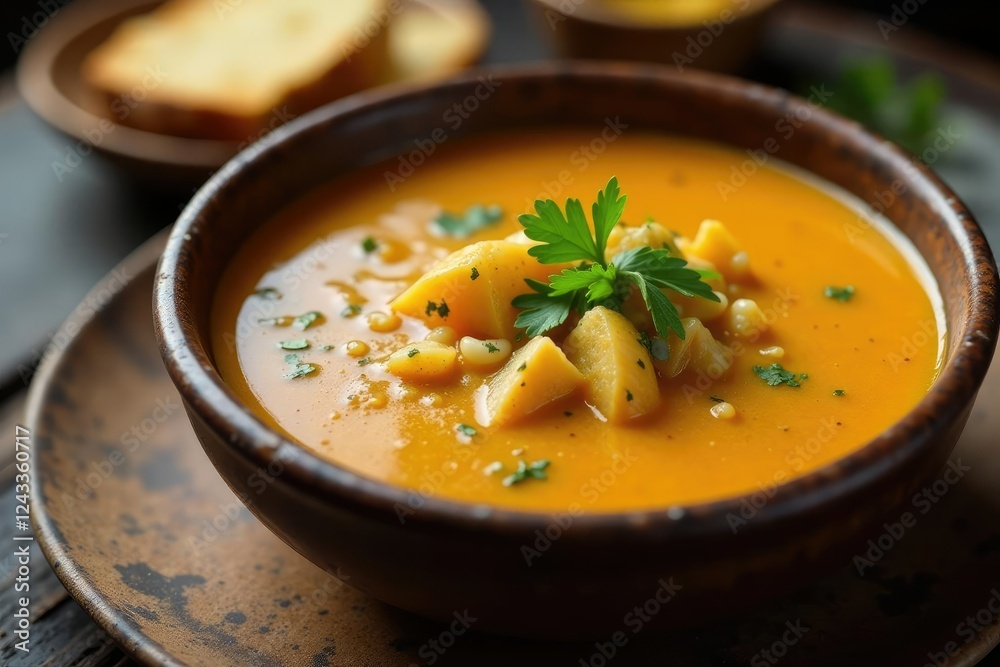 Bone marrow soup in a rustic bowl served with a side of crusty bread, soup, inviting Bone marrow soup in a rustic bowl served with a side of crusty bread, soup, inviting