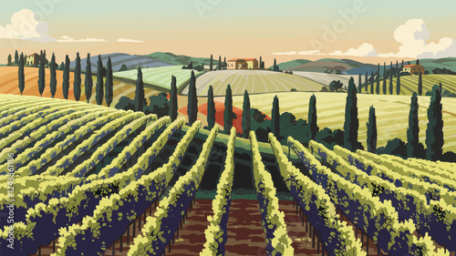 Tuscan Landscape with Vineyards and Cypress Trees