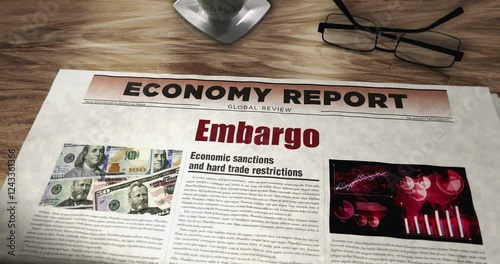 Embargo trade sanctions and economic war daily newspaper on table. Headlines news abstract concept 3d.