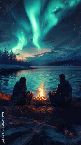 Wallpaper Mural Couple enjoying a campfire by a serene lake under the northern lights in the evening Torontodigital.ca