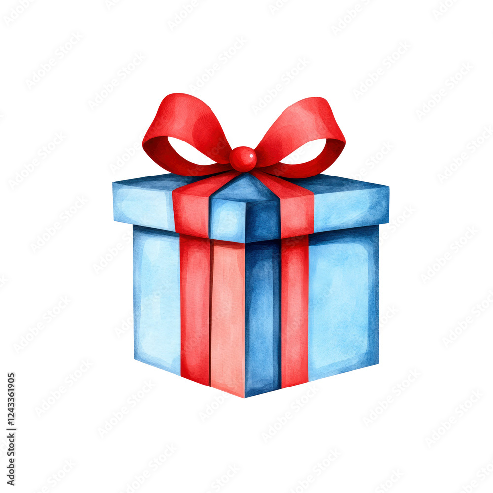 Watercolor Illustration of a Blue Gift Box with Red Ribbon Watercolor Illustration of a Blue Gift Box with Red Ribbon