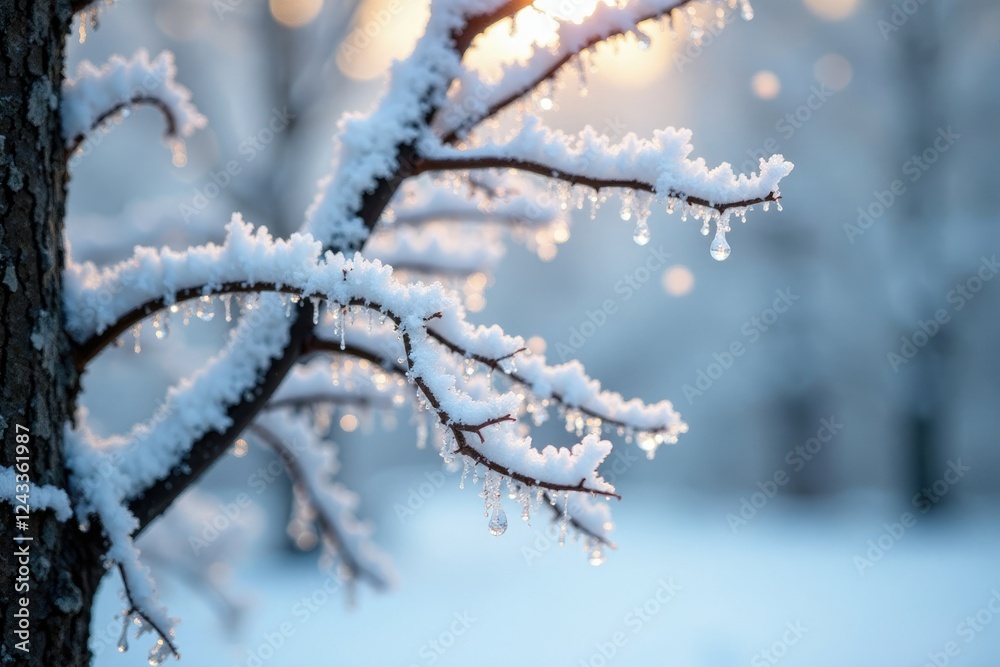 Frozen tree branches with snow accumulation in winter, branches, winter, winter scene Frozen tree branches with snow accumulation in winter, branches, winter, winter scene
