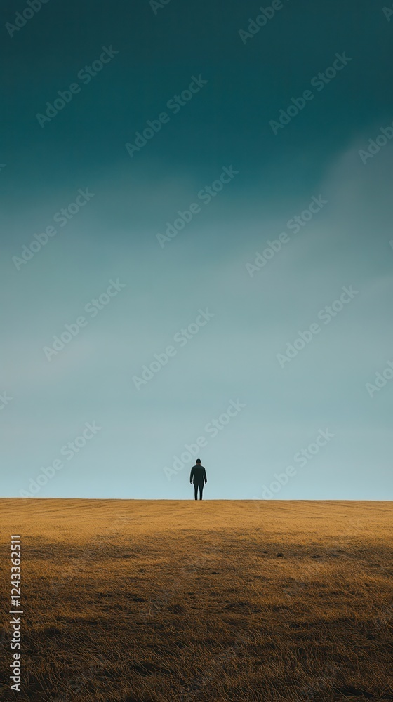 Candid shot of a person standing alone on a grassy hill under a cloudy sky in the early evening light Candid shot of a person standing alone on a grassy hill under a cloudy sky in the early evening light