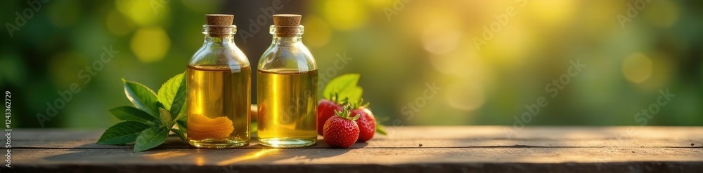 Oil bottles on wooden table with labels and glassware, table, health, products Oil bottles on wooden table with labels and glassware, table, health, products