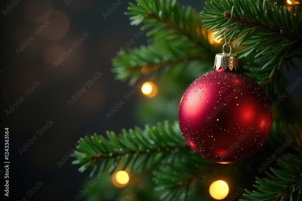 Red glass ornament on a lighted Christmas tree branch with green leaves, festive lighting, ornamental glass, evergreen tree Red glass ornament on a lighted Christmas tree branch with green leaves, festive lighting, ornamental glass, evergreen tree