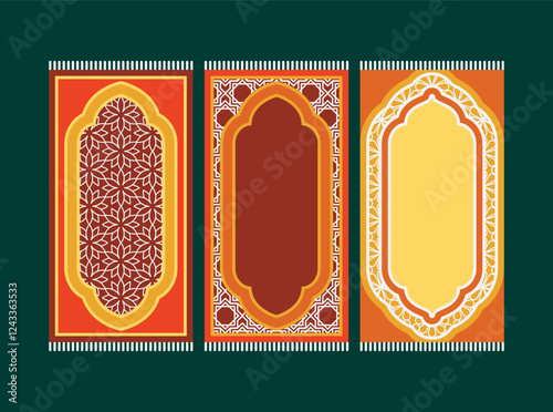 Red Islamic prayer carpet vector design. Prayer mat pattern tiles. Rug design set