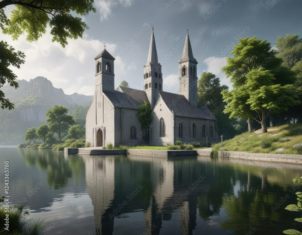 Obraz premium Simple grey concrete church with a tranquil lake and lush greenery in the background, church grounds, park landscape