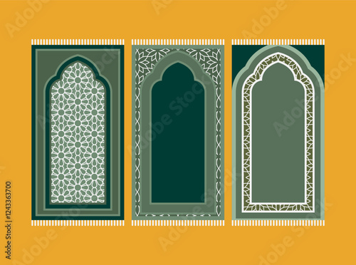 Green Islamic prayer carpet vector design. Prayer mat pattern tiles. Rug design set