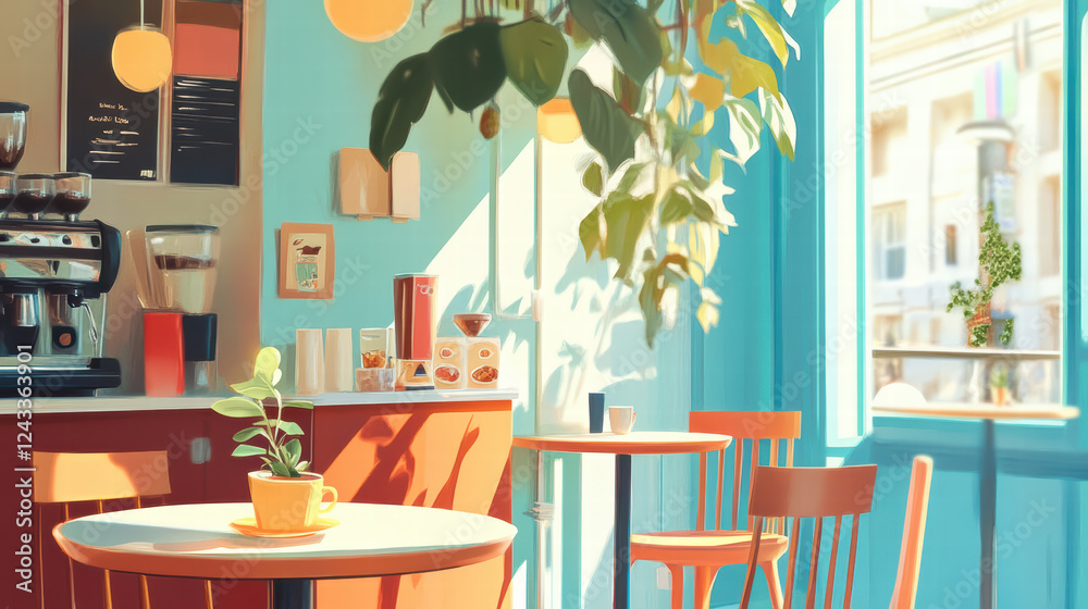 Fototapeta premium bright and cheerful coffee shop scene featuring colorful decor, plants, and cozy seating. inviting atmosphere encourages relaxation and enjoyment of beverages