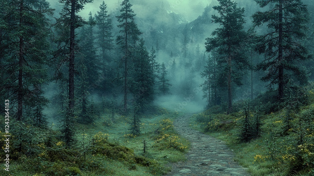 Obraz premium Misty Forest Path Winding Through Mountain Trees